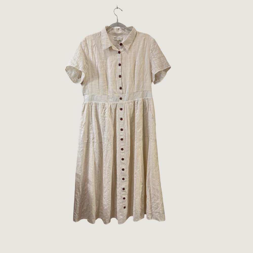 Brass & Roe Shirt Dress XXL Cream Linen Blend Button Down Cottage Boho Prairie